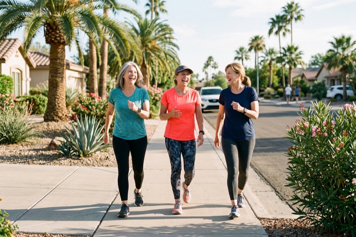 Three friends walking and laughing together on a palm-lined sidewalk